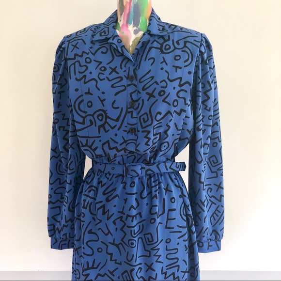 〰️VINTAGE 80s Abstract Print Secretary Dress - Picture 2 of 6